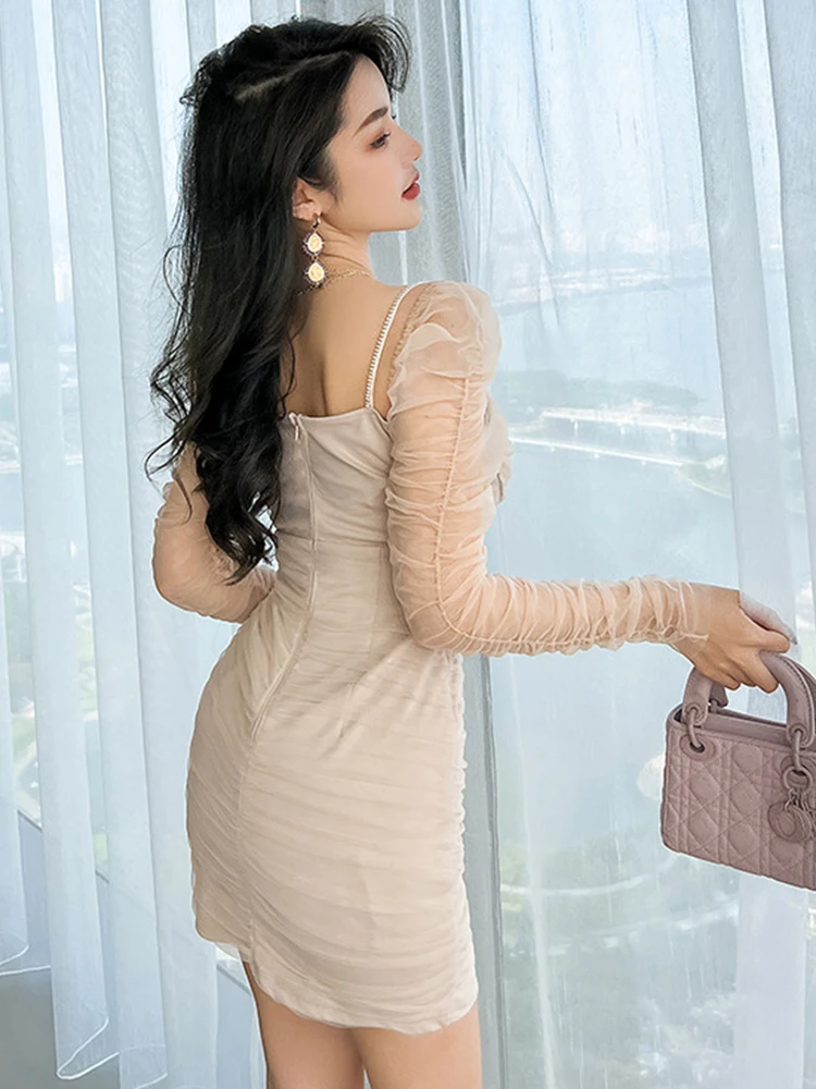 Hotsweet Gợi Cảm Váy Đầm Cho Nữ 2022 Chắc Chắn Sheer Lưới Tay Phồng Nếp Gấp Bodycon Kim Cương Mini Sinh Nhật Femme Quần Áo