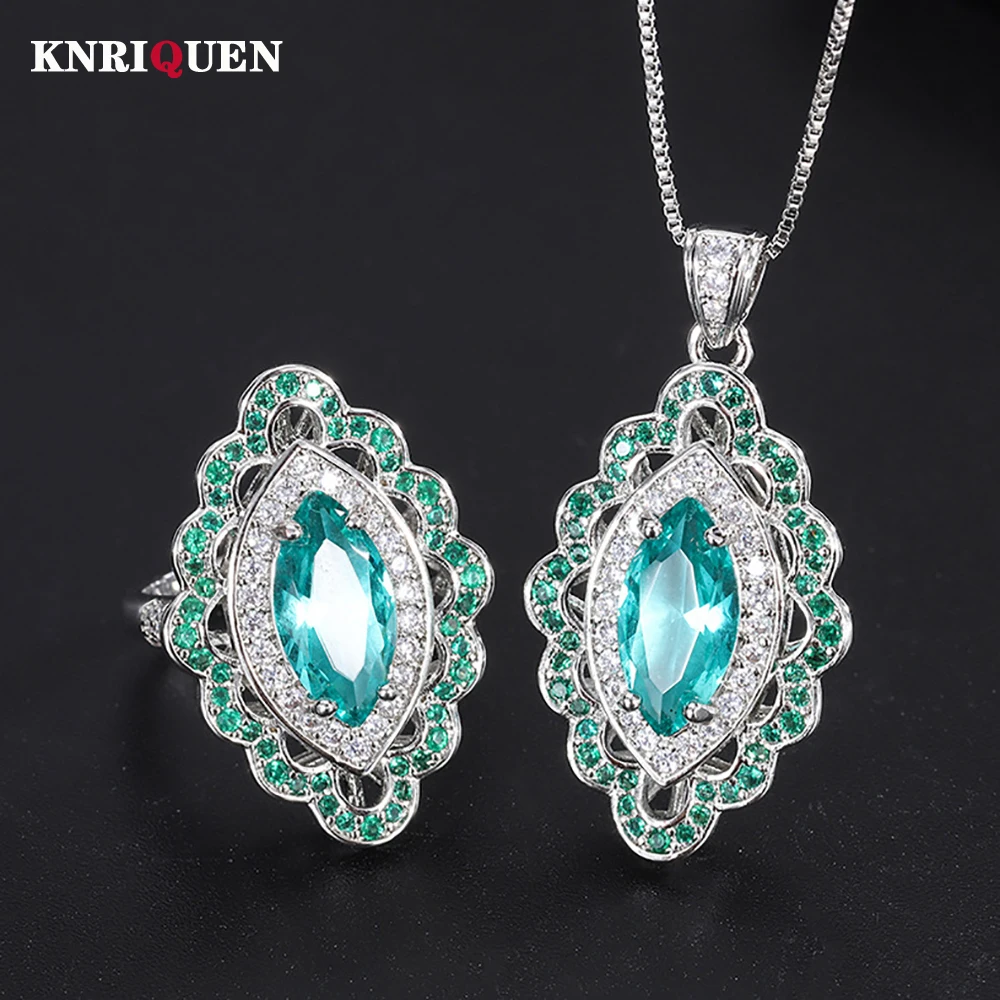 

Vintage 7*14mm Green Tourmaline Gemstone Pendant Necklace Rings High Carbon Diamond Wedding Party Fine Jewelry Sets for Women