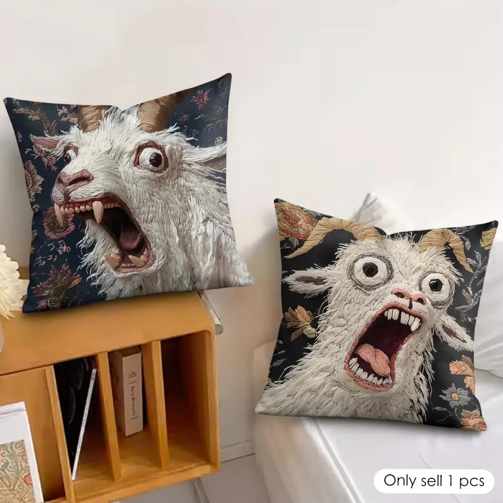 Spooky Goat Face 2D cool Cushion Cover Silky Short Plush Invisible Zipper Dustproof Sofa Pillow Case for Home Decor