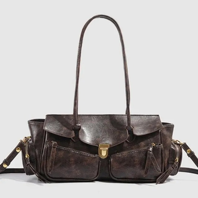 

Vintage Underarm Bags for Women Versatile Multi-pocket Motorcycle Bag Girl Luxury Designer Handbag Spaghetti Strap Leather Bag