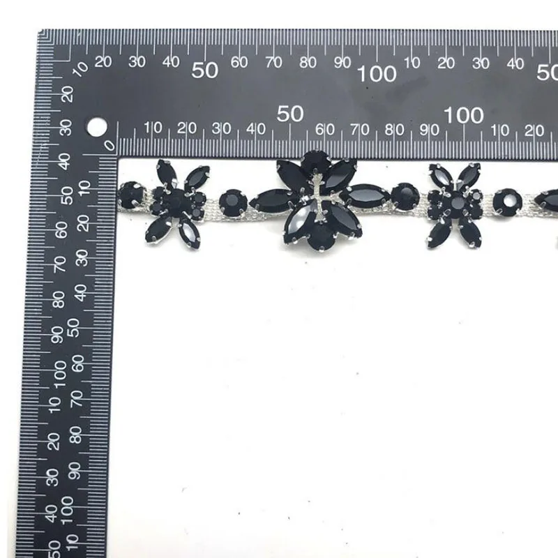 10Yards High Quality Rhinestone Banding Belt Trim Crystal Rhinestone Trimming Black Flowers Applique