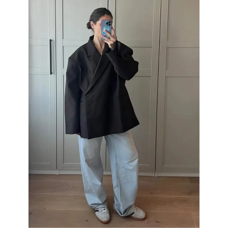 

Повседневный однотонный блейзер с лацканами для женщин, модный пиджак с длинными рукавами на одной пуговице с карманами, весна 2026, женская офисная верхняя одежда для работы