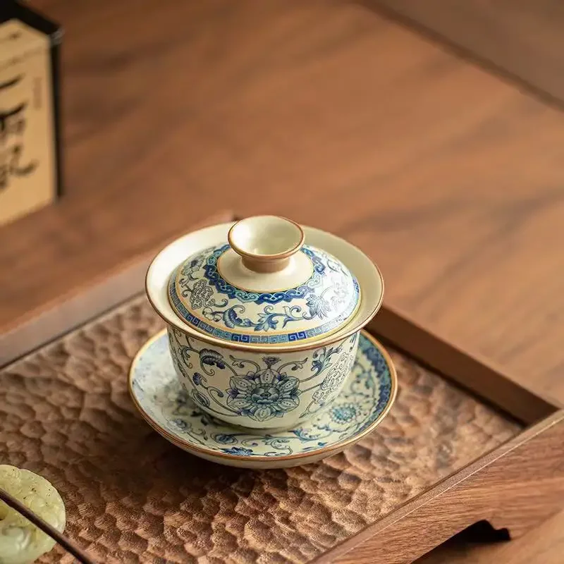 130ML New Huang Ru Kiln Opening Twisted Lotus Cover Bowl Sancai Cover Bowl Tea Bowl Ceramic Teacup Retro Kung Fu Tea Set Gifts