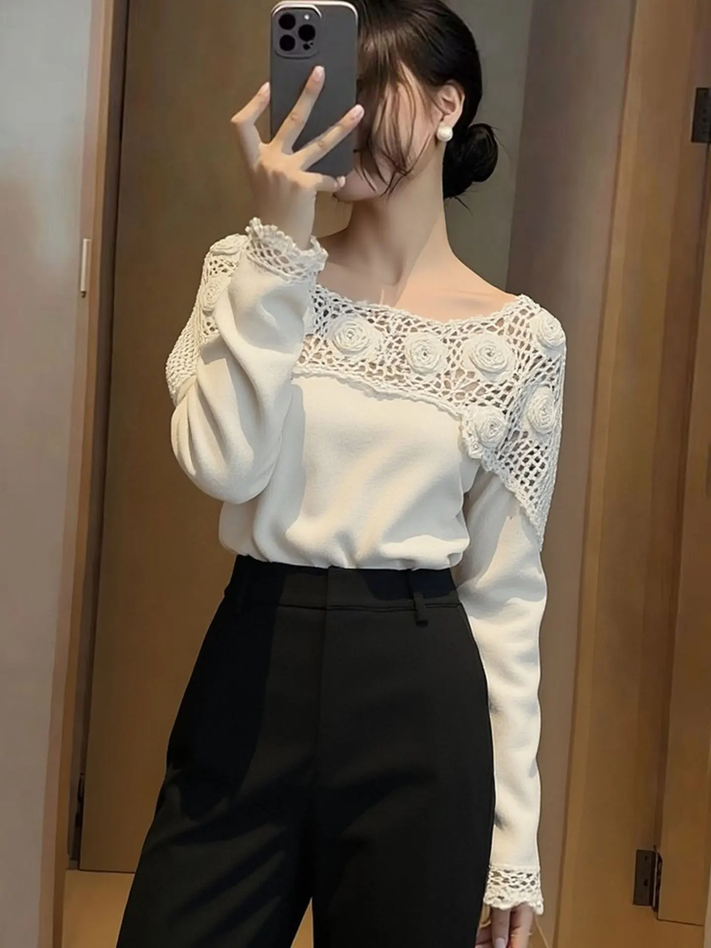 

Ele Knitted Long Sve Sweater with 3D Flower Emment Faionable Spring 2026 Commute Sle Medium Softn Other Mat...
