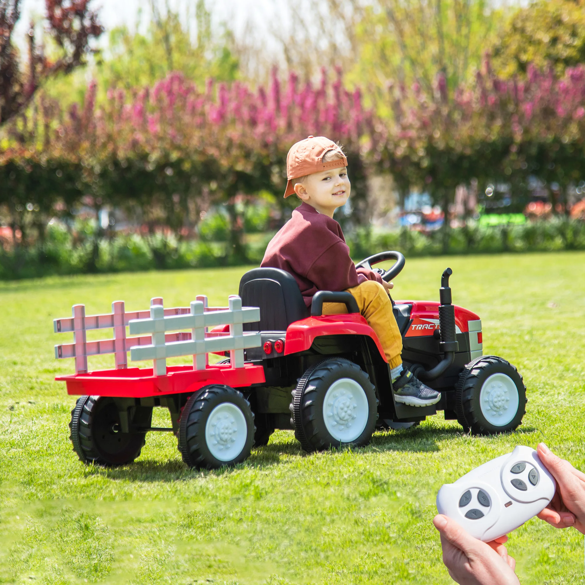 Red, 12V7AH Battery-Powered Toy Tractor with Trailer Remote Contro  Kids' Electric Excavator Vehicles with 2x35W Dual Motor