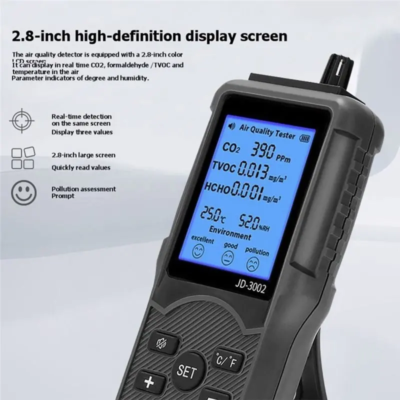 T23C 5-In-1 Indoor Air Quality Monitor CO2 VOC Formaldehyde Detector Realtime Air Pollution Tester With Temp Humidity Display