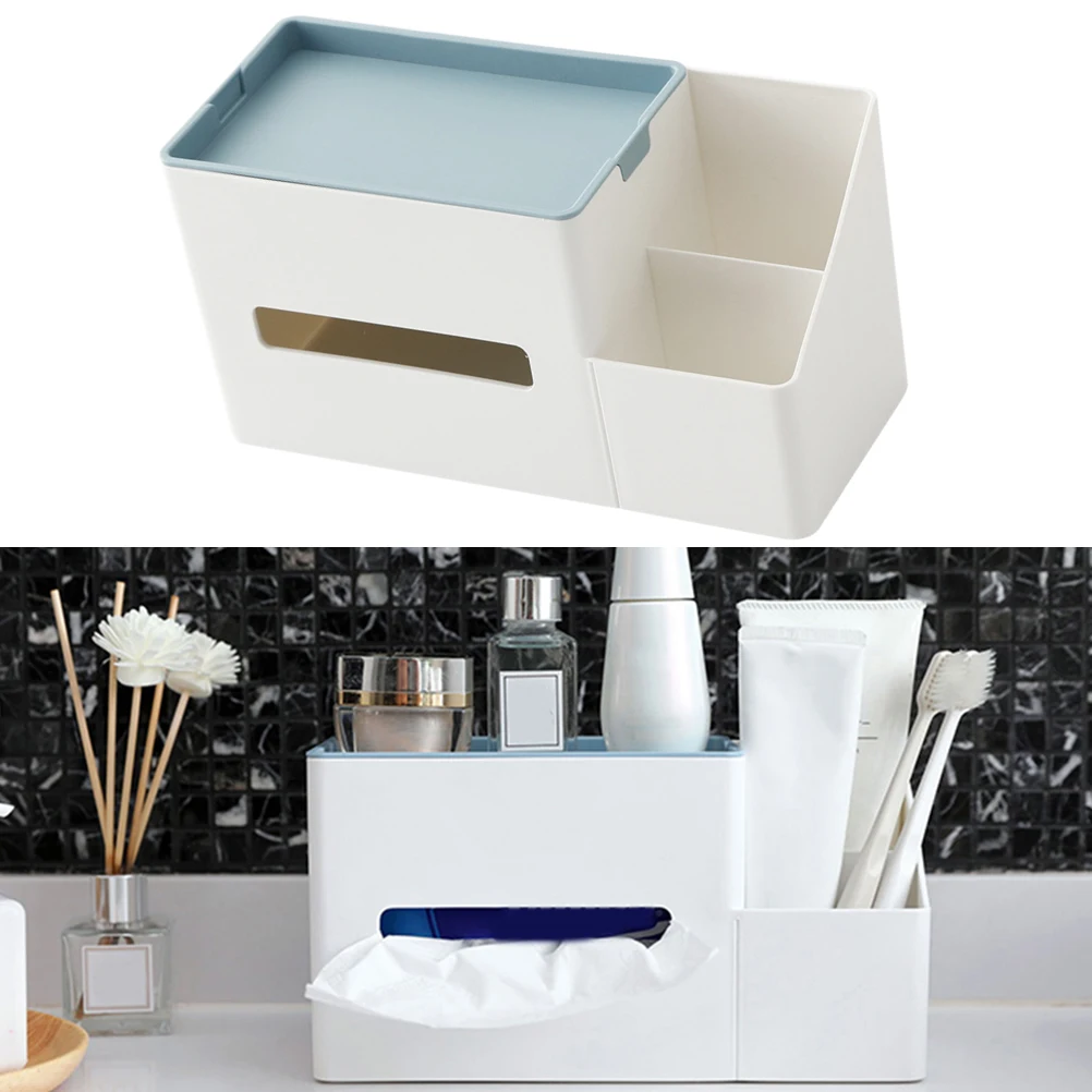 

Multifunctional Desktop Organizer Plastic Tissue Paper Box Sundries Storage Holder Container for Home Living Room (Blue)