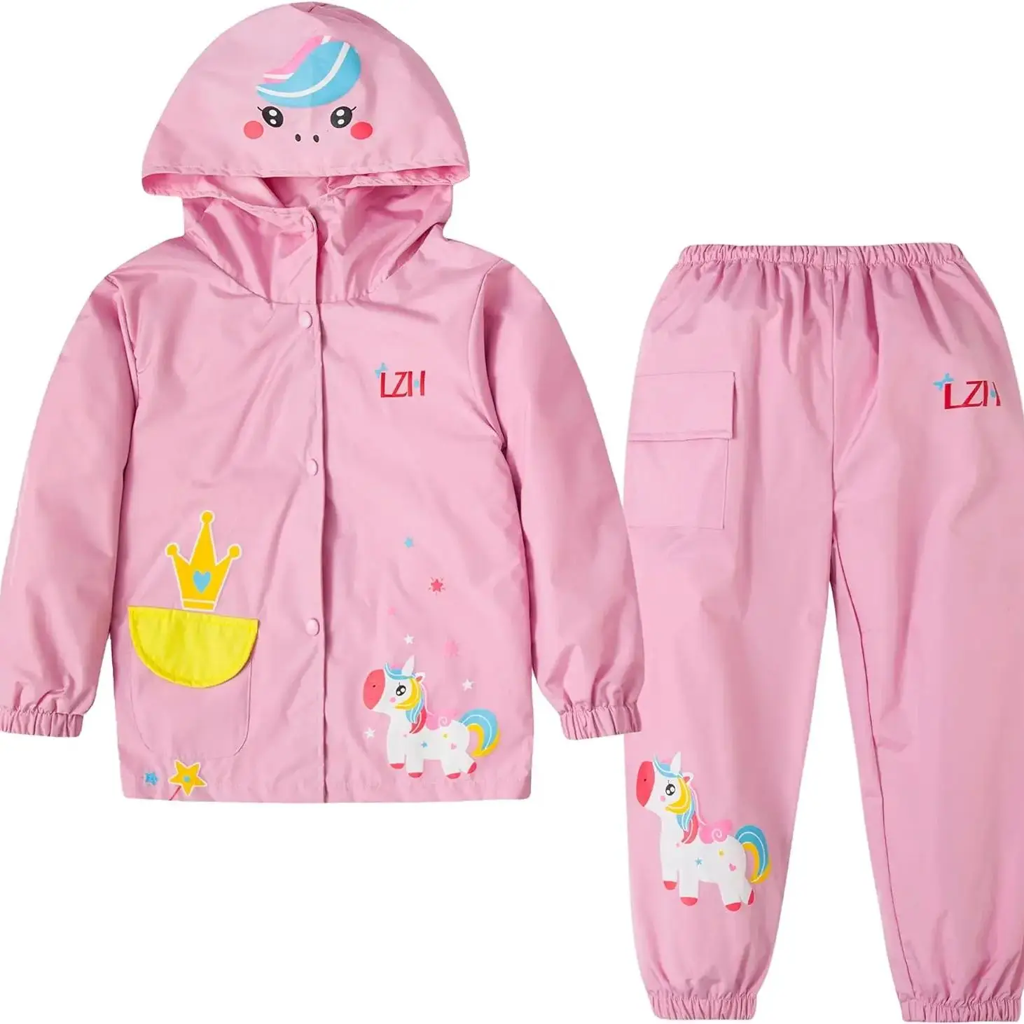 

Осенне-зимняя водонепроницаемая куртка с капюшоном и брюки с принтом единорога, костюмы для детей, девочек и мальчиков, 2 предмета, повседневные уличные плащи, комплекты для детей