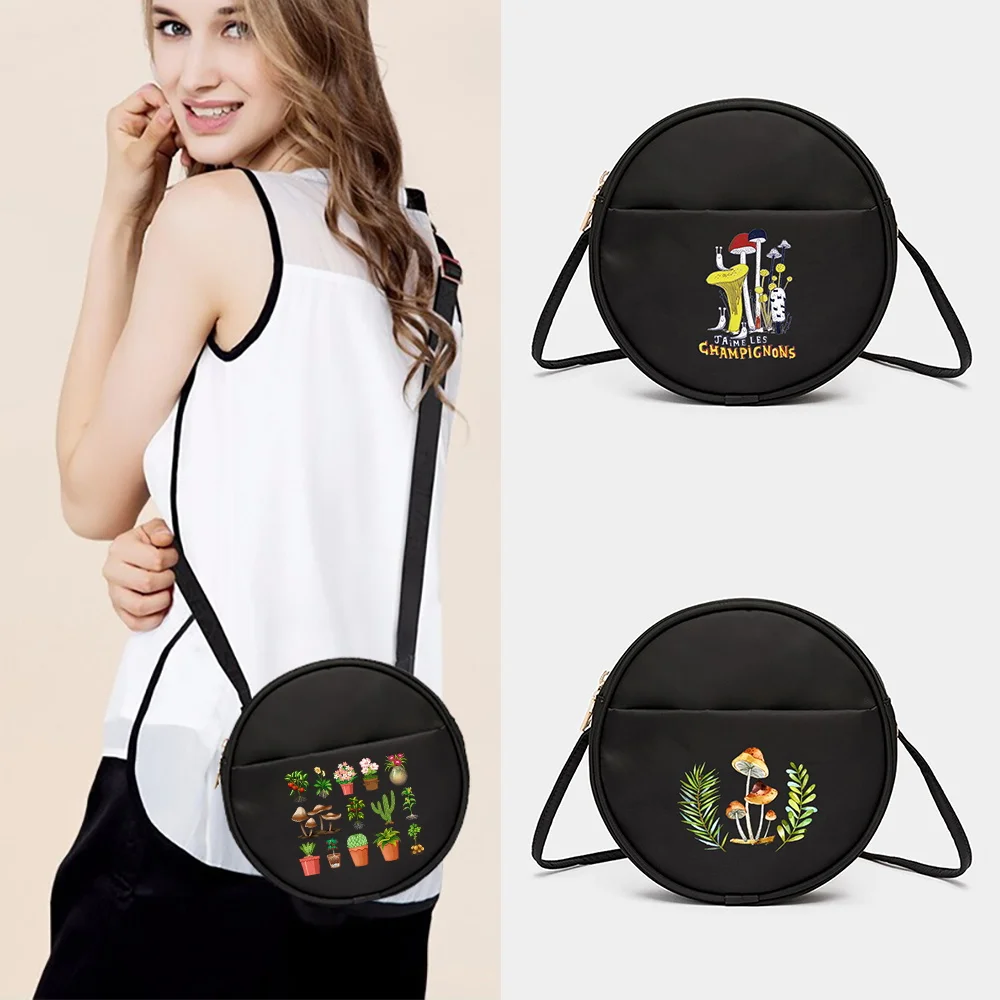 Womens' Round Messenger Casual Crossbody Shoulder Bag Mushroom Pattern Phone Purse Bags Shopping Handbag Female Messenger Bag