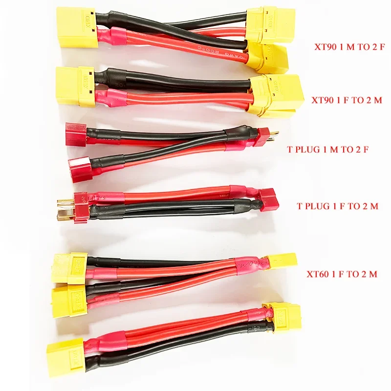100mm T Plug/XT60/XT90 Parallel Battery Connector Cable Male/Female Dual Extension Y Shape 12AWG Silicone Wire for RC Drone