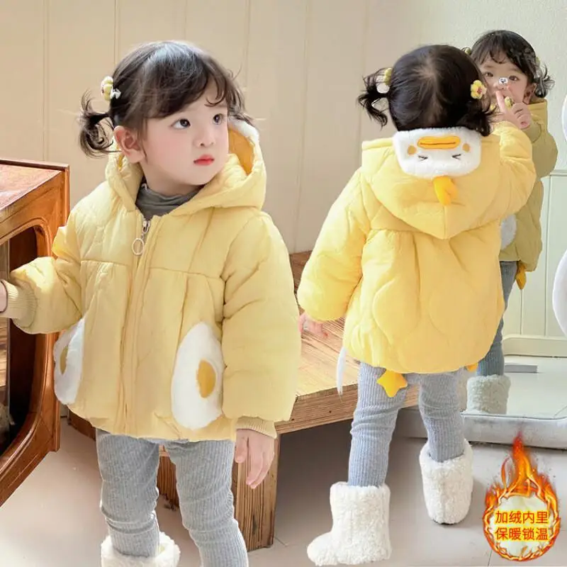 

2025 осенне-зимняя стеганая куртка для девочек, теплое пальто с героями мультфильмов, утепленные топы с капюшоном, удобная детская одежда, модный стиль Kawaii