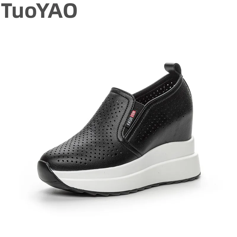 

10cm Microfiber Platform Heel Wedge Shoe Sneakers Pumps White Platform Air Mesh Hollow Pumps Shoes Summer Women Zapatos de Mujer