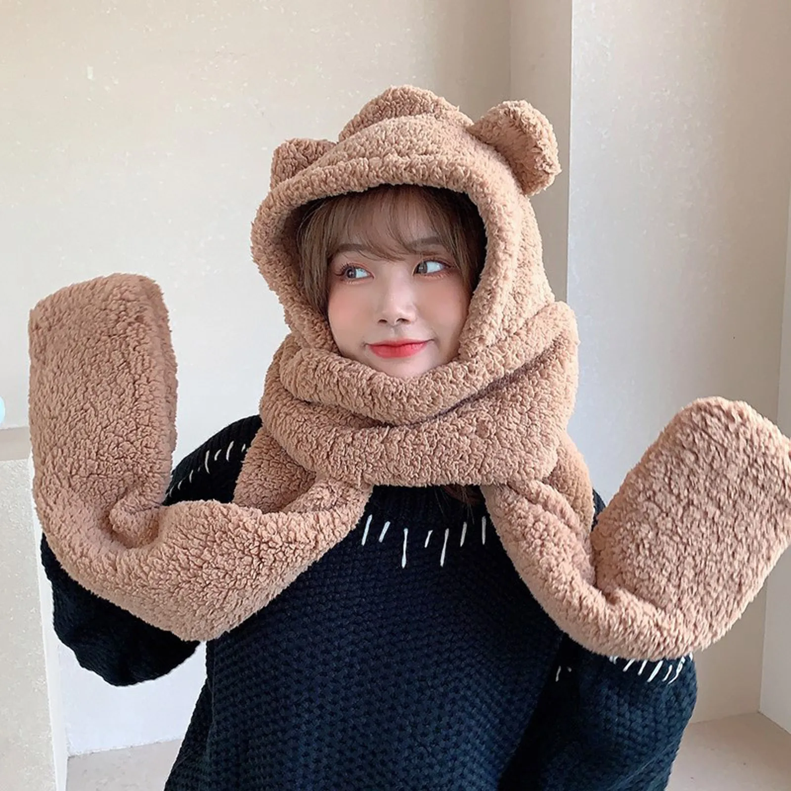 Hat Scarf Gloves Women Cute Cartoon Thick Hat Ear Protectors Warm Plush Hat Thickened Cute Little Bear Plush Hat Windproof Ear