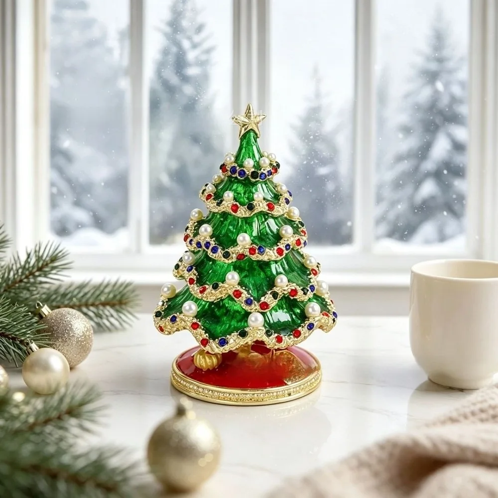 Metal Christmas Tree Ornaments Colorful Enamel Miniature Xmas Tree Pearl Crystal Tabletop Decor