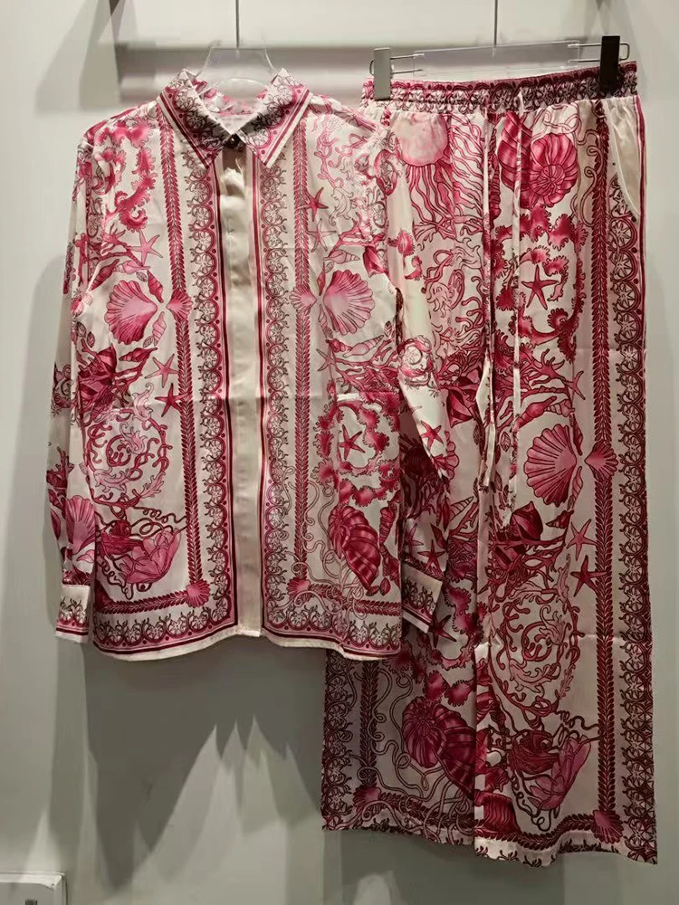 

Retro autumn new lapel single-breasted long-sleeved printed shirt+elastic waist wide-leg trousers fashion two-piece suit