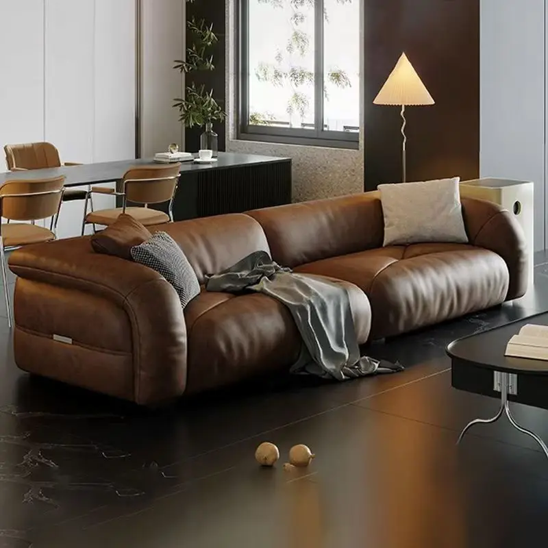56Italian minimalist retro style first layer cowhide living room size apartment light luxury straight row sofa