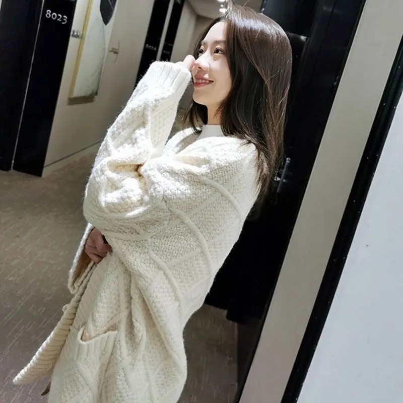 

Mid-Long Cardigans Sleeves Womens Fall Curved Argyle Flap Leisure Lattice Drop-Shoulder Moda Moricore Polka-Dot Pockets Harajuku