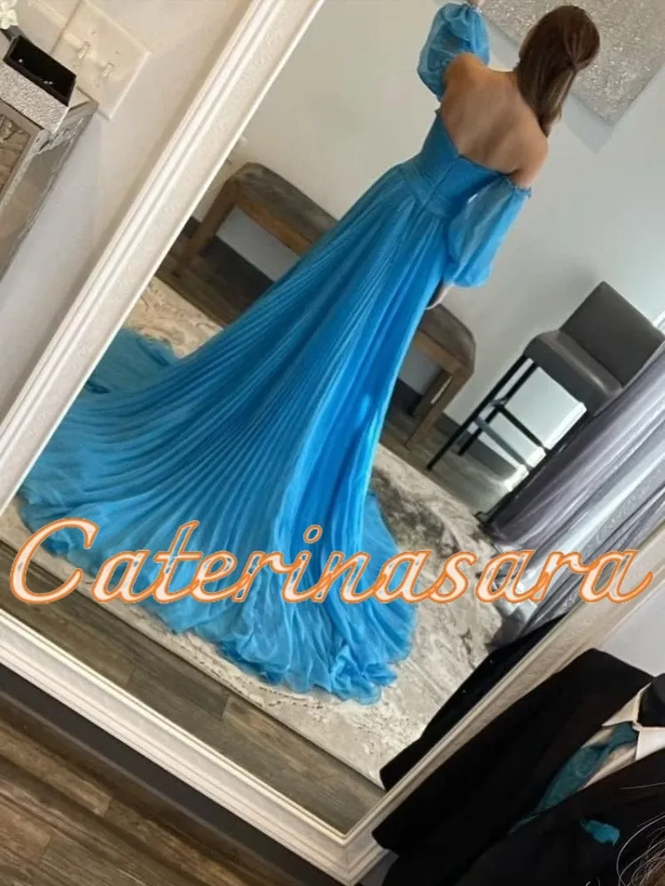 Off The Shoulder Prom Dresses Long Puffy Sleeve Ball Gown for Women Chiffon Evening Party Gowns with Slit