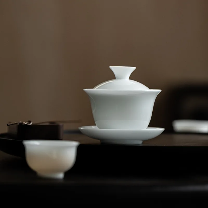 Ice Jade Porcelain Bell Cover Bowl Dehua White Porcelain Sancai Cover Bowl Ceramic Home Tea Cup Kung Fu Tea Set Tea Bowl