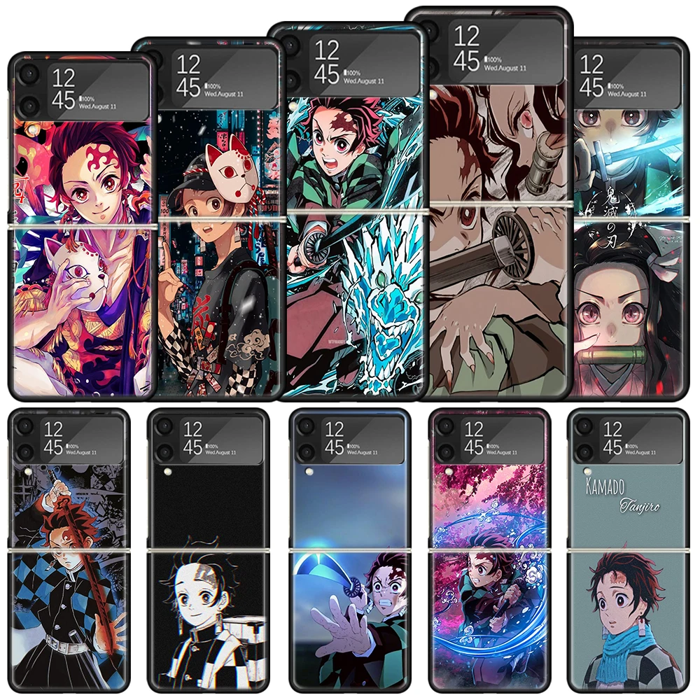 Tanjiro Demon Slayer Shockproof Hard Case For Samsung Galaxy Z Flip 4 5 3 5G Phone Cover Z Flip3 Flip4 Flip5 Black Fundas Shell