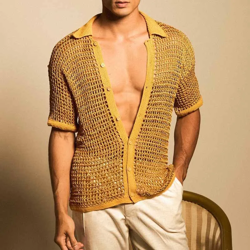 

Men's summer casual knitted shirt new solid color lapel hollow loose breathable men's short-sleeved top