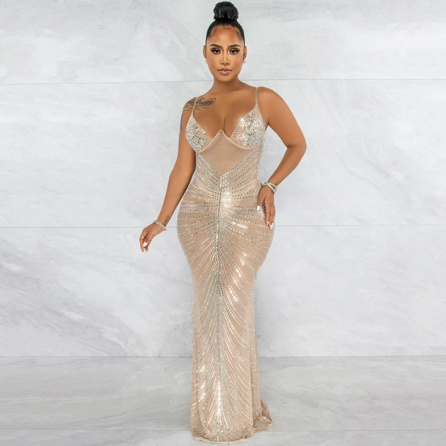 

2024 Sequins Fashion New High Street Style Long Dress Sleeveless Zipper Dress Pure Color Lady Floor Length Dress Birthday