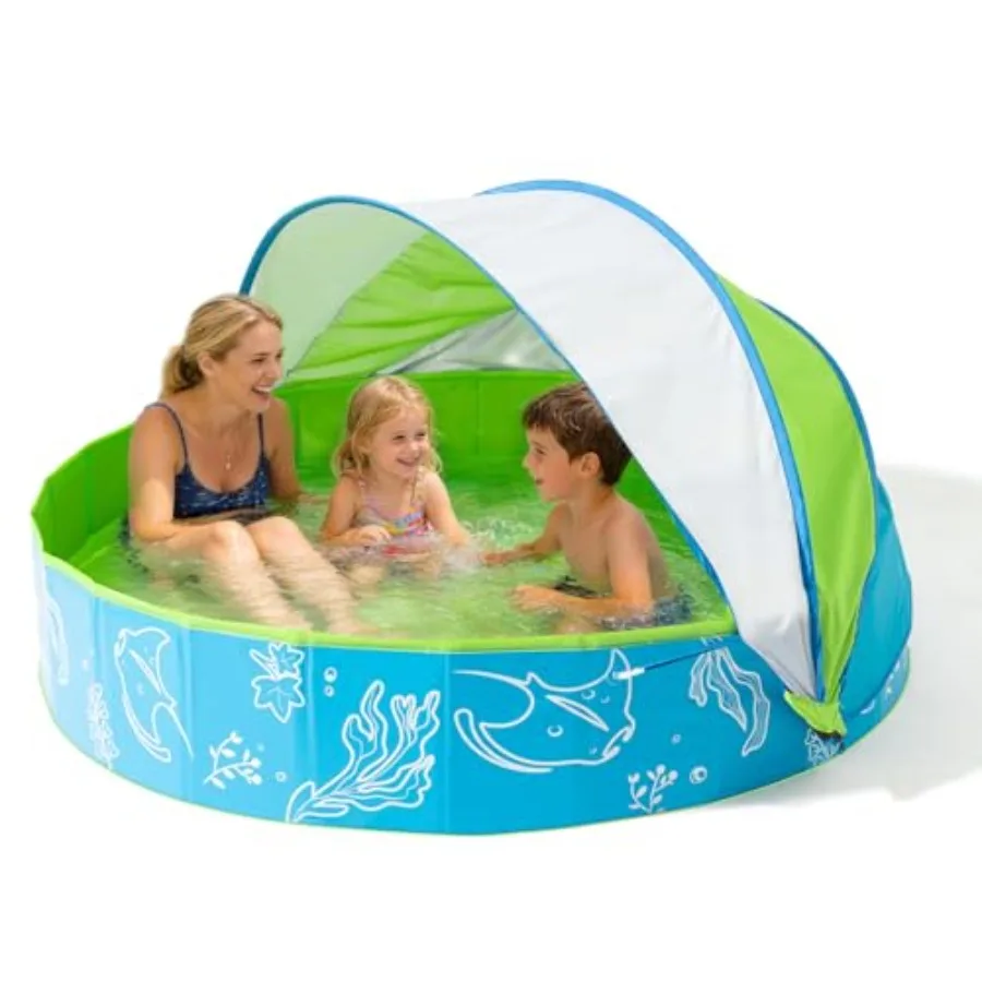 Foldable Kiddie Pool with Canopy for outdoor backyard beach use PVC material blue-green color 63in size portable and shade-prov