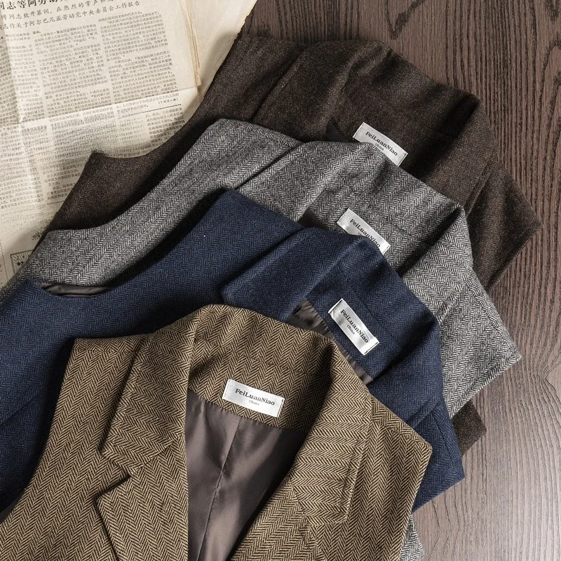 

Autumn Winter Woolen Vest Men's Suit Collar Casual Khaki Tweed Jaet Sle Button up Slim Fit Versatile Year round Wear