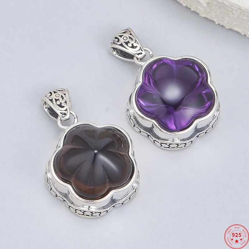 

Подвеска из стерлингового серебра 925 пробы для женщин и мужчин в стиле ретро с цветком сливы, инкрустированный натуральным аметистом, дымчатый кварц, очаровательные ювелирные изделия, оптовая продажа