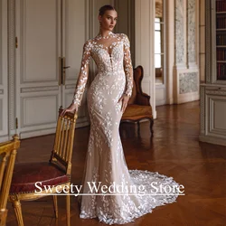 Champagne Bride Wedding Dresses for Lady Customized Full Sleeves Round Neck Sweep Train Illusion Back Mermaid Bridal Gown
