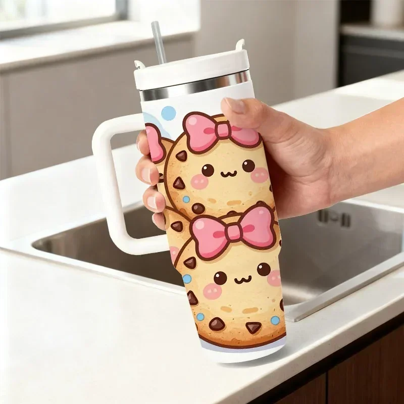 40Oz Stainless Steel Insulated Tumbler with Cute Smiling Cartoon Chocolate Chip Cookie Digital Print, Watercolor Blue And Pink Splash Background Design, Reusable Insulated Cup for Cold And Hot Drinks, Ideal for Daily Commute, Office And Outdoor Use