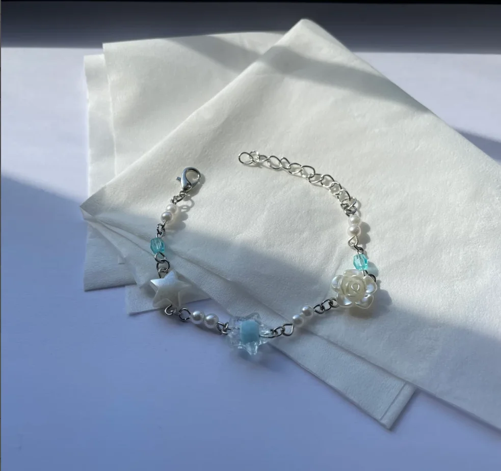 Handmade Cluttered Pearl Blue Charm Bead Adjustable Bracelet