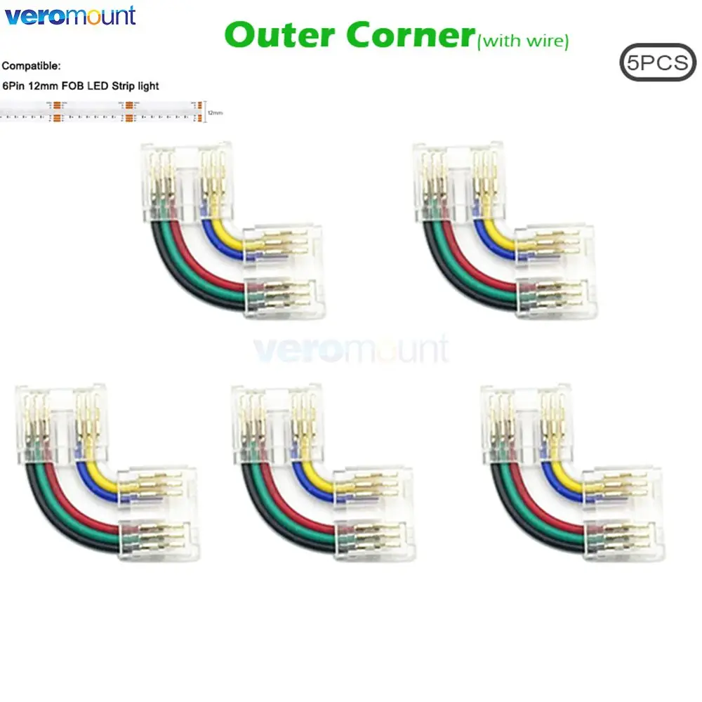 6pin COB Strip Fast Connector RGBCCT FCOB LED Tape 12mm Width Strip to Strip or Strip to Wire Solderless Connector Corner Joint