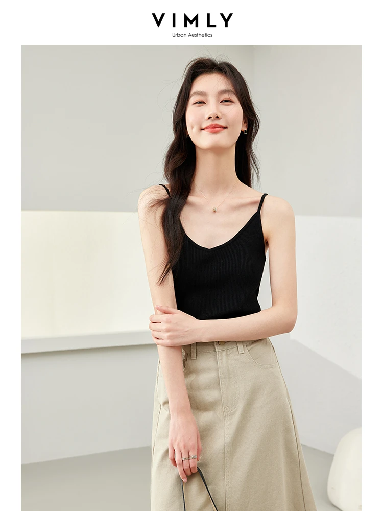 Vimly White V-neck Camis Women 2024 Spring Summer Wool Blend Knit Tops Simple Strecth Casual Basics Spaghetti Strap Top 72936