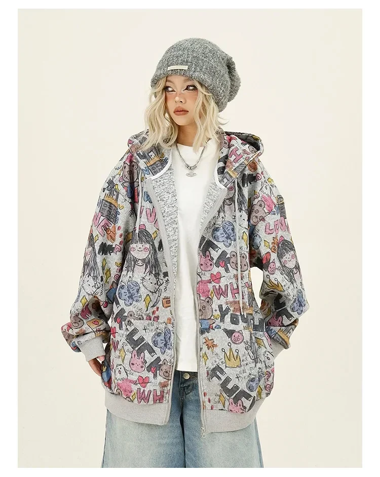 Cartoon Graffiti Full Print Hooded Sweatshirts Cardigan 2024 Autumn New Loose Bf College Style Woman