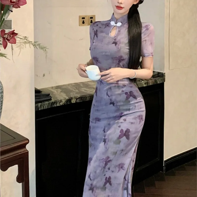 National style retro purple cheongsam improved light daily waist slimming short-sleeved new Chinese dress