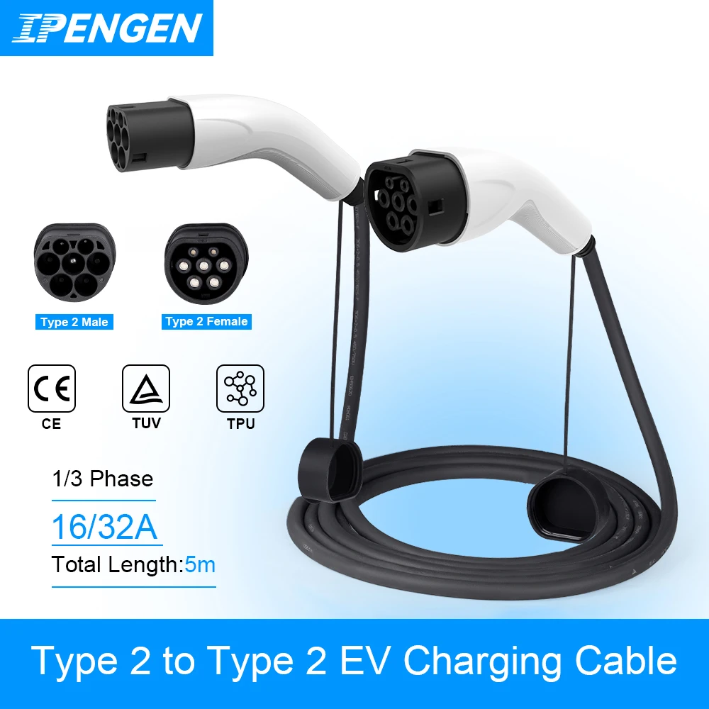 

IPENGEN EV Charging Cable 3.5KW/7KW/11KW/22KW Electric Vehicle Cord 5M Type2 IEC 62196 AC Public Charging Station Male To Female