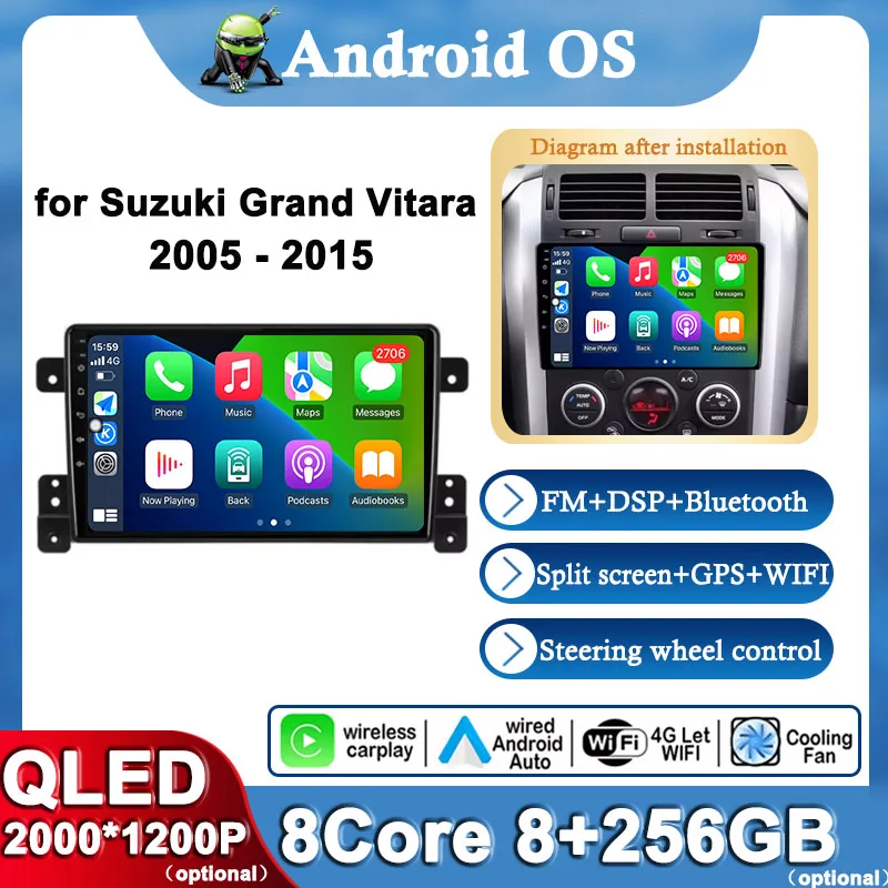 

GPS Navi QLED Screen Wireless Carplay for Suzuki Grand Vitara 2005 2006 - 2014 2015 Android 14 Car Multimedia Player DSP Stereo