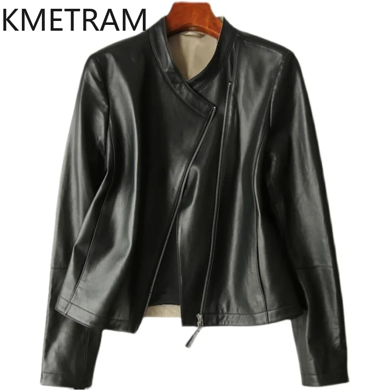KMETRAM Real Sheepskin Leather Jacket Woman Fashion Stand Collar Slim Coat Short Autumn Jackets 2026 Women Clothes jaqueta couro