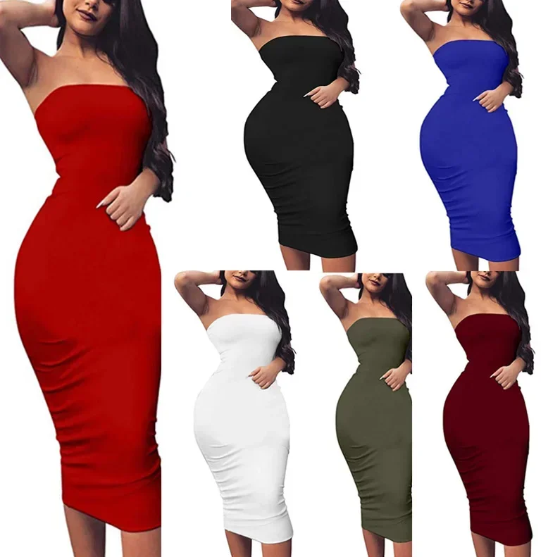Women Sexy Sleeveless Off Shoulder Tube Dresses Basic Bodycon Sundress Strapless Stretchy Night Club Dress Plus Size 9XL 8XL 7XL