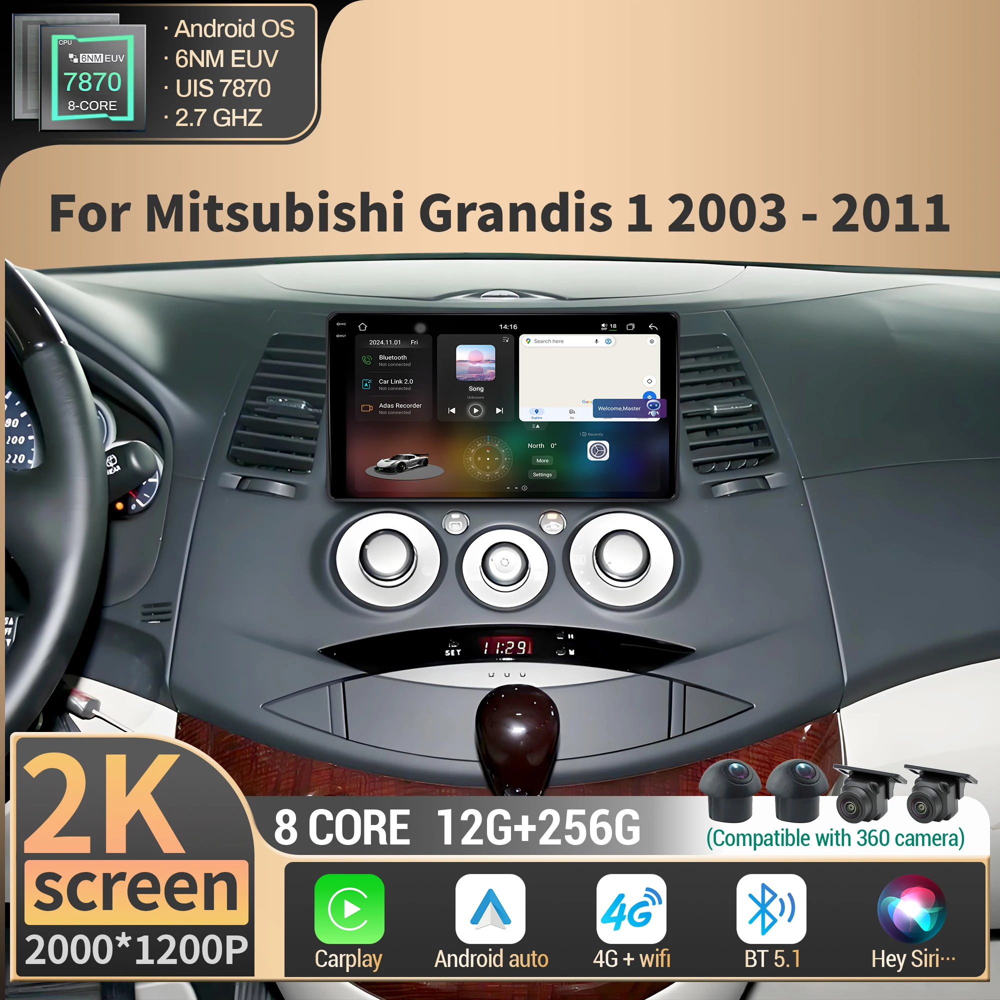 

For Mitsubishi Grandis 1 2003-2011 Car Radio Multimedia Wireless Bluetooth Carplay 4G GPS CPU 7870 Android 2K QLED Screen