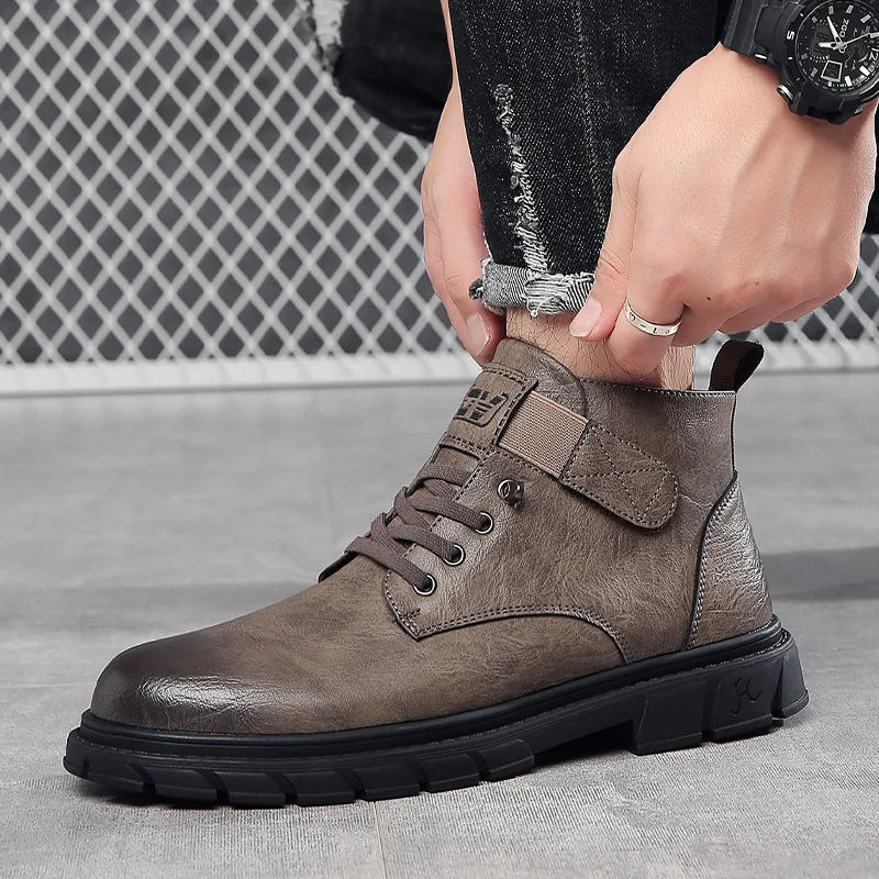 

Hot New Men's Shoes High-top Fleece-lined Cotton Shoes Warm Rubber Sole Velcro Non-slip Retro Casual Martin Boots for Men