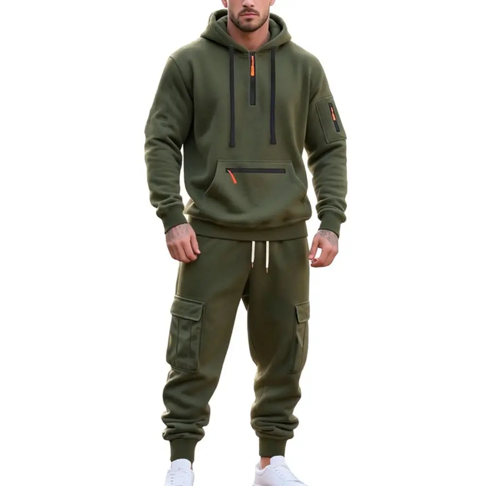 Winter Mens Tracksuit Set Fleece Lined Hoodie Cargo Trousers Loose Fit Casual Sportswear Athletic Running Training Outfit