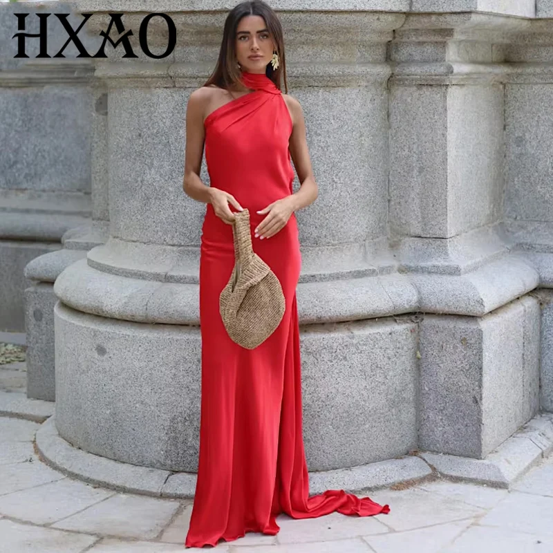 HXAO レッド レディースドレス オフショルダー ホルターネック パーティードレス 2025 女性用 夏 サテン エレガントドレス バックレス セクシー マキシドレス