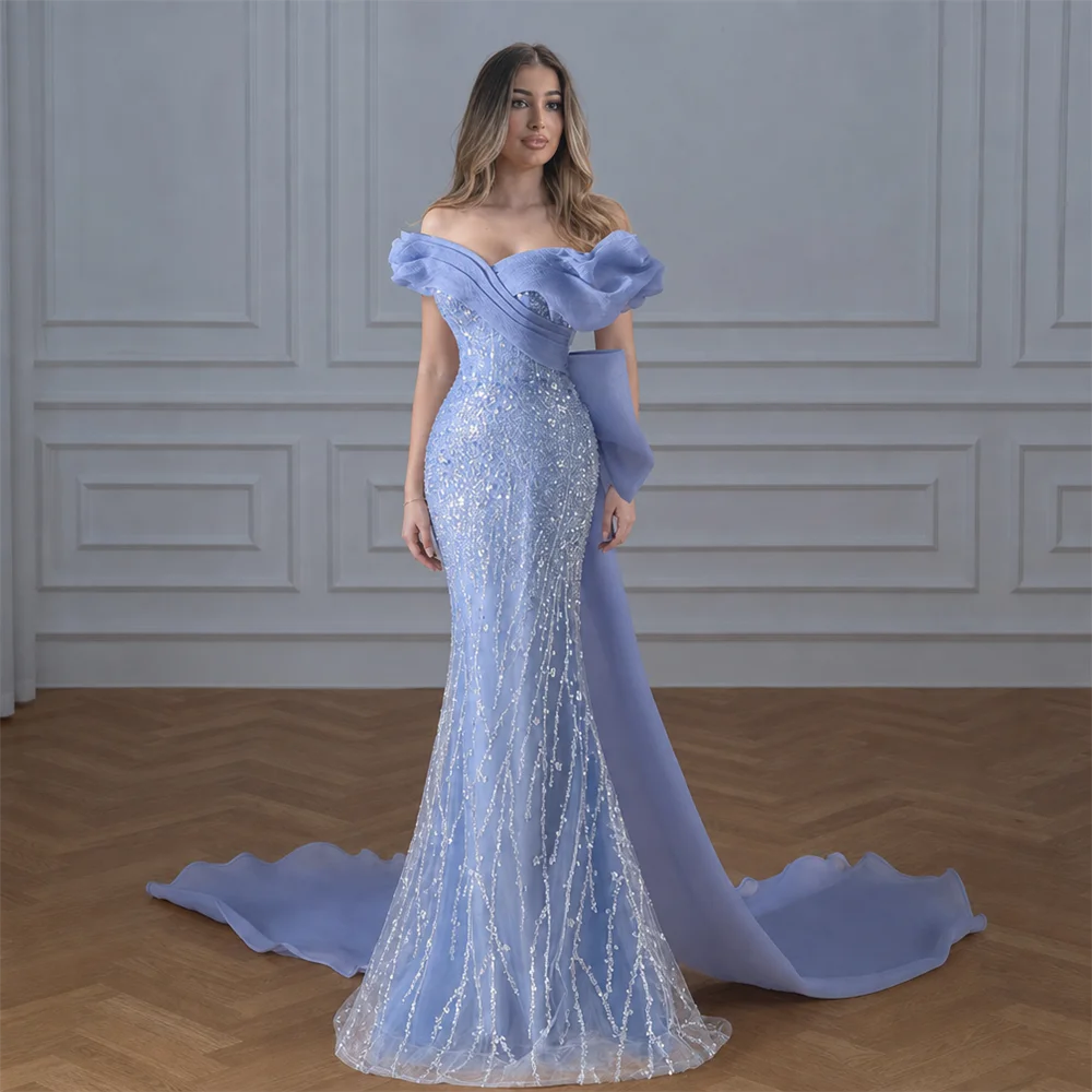 Blue Off Shoulder Evening Dress Mermaid Prom Gown Long for Debutante Wedding Bridal Party Bridesmaid Dresses