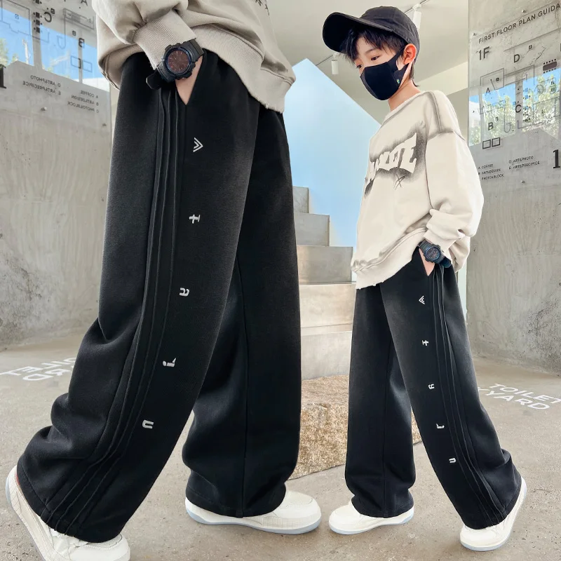 Teenager Boys Wide Leg Korean Fashion Pants Autumn Letter Loose Casual Straight Trousers Sporty Kids Neutral Fashion 4-14 Years