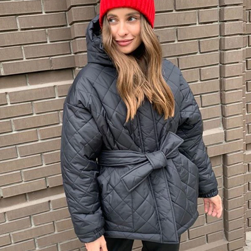 

Spring New plus Size Hooded down Jaet Warm Outerwear Cotton Padded Coat Belted Sli Commute Pure Color Long Sve