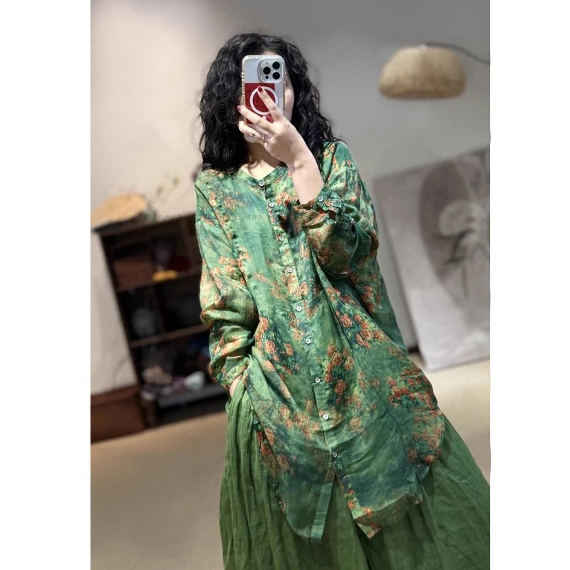 

Свободная хлопково-льняная рубашка-топ «Мечтательная камелия» для женщин больших размеров, новинка весна-лето, повседневный модный стиль