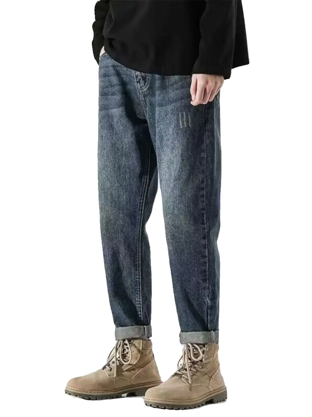 المراجعات الكورية العديد من السراويل الرجالية الجينز الربيع والخريف فضفاض مستقيم الحريم بسيط القط ويسكي مصمم السراويل الطويلة غير رسمية #4