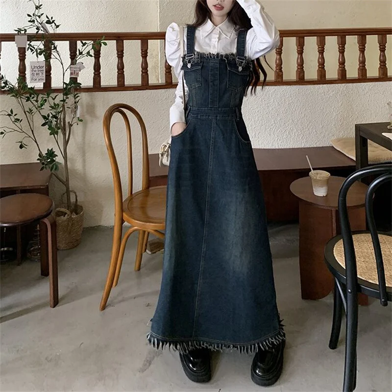 Large French Denim camisole Dress For Women Spring And Autumn Chubby MM Suspender Dress With Long Dress Underneath Slim Off Set